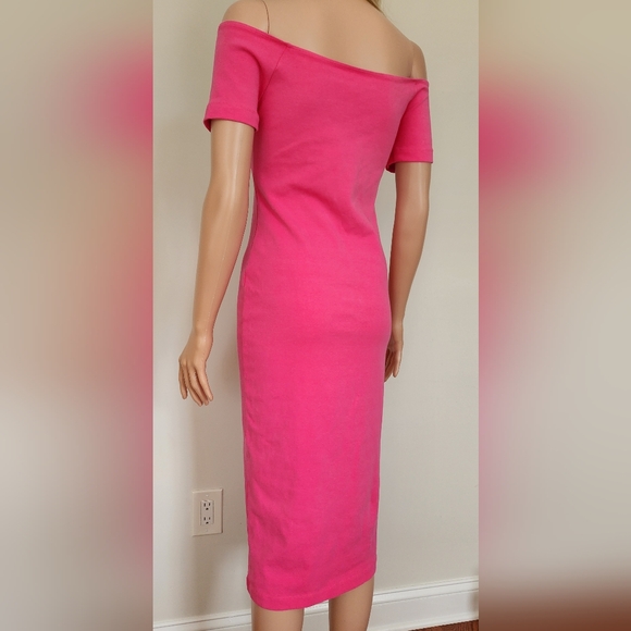 ZARA HOT PINK BODYCON OFF SHOULDERS MIDI DRESS SMALL - Picture 2 of 7